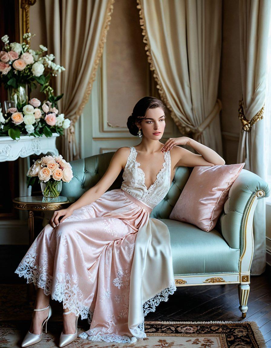 A sophisticated fashion scene showcasing elegant feminine clothing and intimate apparel, draped gracefully over a vintage chaise lounge. Include soft pastel colors to evoke a sense of serenity, with delicate lace details shimmering softly in the light. Incorporate subtle floral patterns and luxurious fabrics like silk and satin in the background. A hint of an enchanting boutique setting enhances the intimate vibe. super-realistic. soft pastel colors. elegant ambiance.